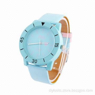 Dual-color Fashionable Watch with Leather Band, Baby Blue Color